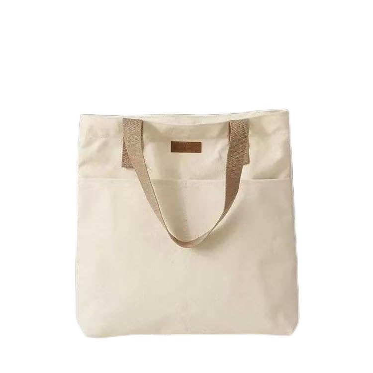 Sacola feminina de lona - grande capacidade com zíper e bolsos, reutilizável para trabalho/compras/viagens (branca)