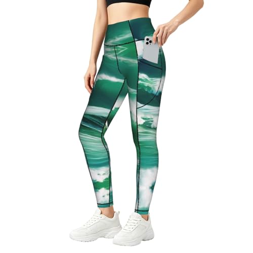 Leggings de yoga Ocean Green Wave Surf 02 mallas de alta cintura con bolsillos