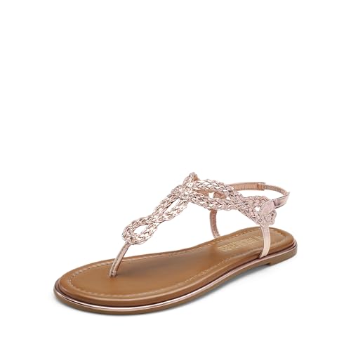 DREAM PAIRS Women's Flat Sandals Dressy Summer Stappy Comfortable Ankle Elastic T-Strap Beach Thong Sandals 6 Rose Gold-metallic