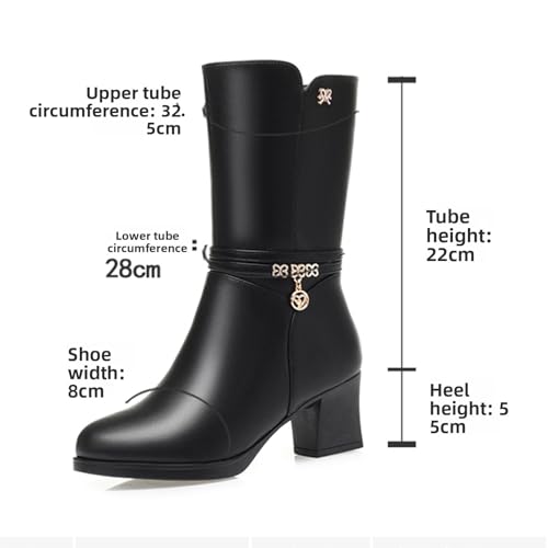 Women's Warm Mid-Calf Leather Boots Comfortable Chunky Heel Side Zipper Fur Lining Winter Boots with Decorative Rhinestones & Pendant3