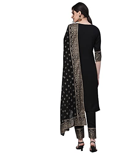 Image of ishin Women's Viscose Rayon Black Solid With Gota Patti Straight Kurta set With Trouser and Dupatta