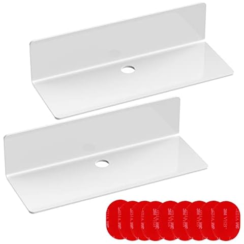 Acrylic Floating Shelves Set of 2, Versatile Self Adhesive Small Shelf That Utilizes Wall Space for Book Picture, Plant, Security Cameras Speaker, No Drill Display Shelf with Cable Clips (White) Cover