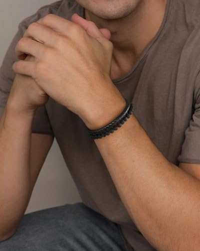 LUXEJEW Gifts for Men - Mens Bracelet, Beaded Leather Bracelets for Men 6mm Tiger Eye Lava Rock Stone Handmade Bracelets Adjustable Stainless Steel Magnetic Clasp Mens Jewelry Gifts4