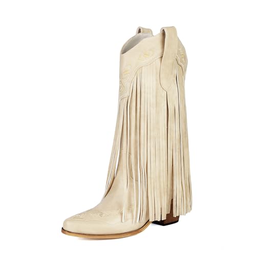 AIJIVOU Embroidered Fringe Cowboy Boots for Women, Pull On Mid Calf Chunky Block Heel Pointed Toe Western Cowgirl Boots Riding Country Boot Retro Boots