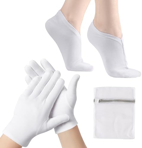 BESSLEE 12 Pairs Cotton Moisturizing Gloves and Socks Set (1 Washing Bag Included), Dry Hands Feet Overnight Lotion SPA Treatment, Eczema Skin Friendly, Breathable and Soft Glove Liners for Summer