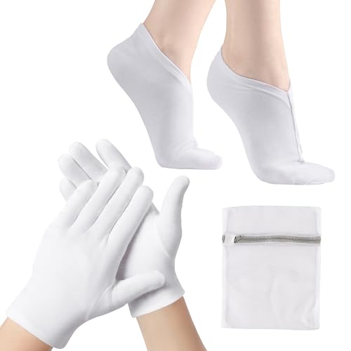 BESSLEE - BESSLEE 12 Pairs Cotton Moisturizing Gloves and Socks Set (1 Washing Bag Included), Dry Hands Feet Overnight Lotion SPA Treatment, Eczema Skin Friendly, Breathable and Soft Glove Liners for Summer - -30%