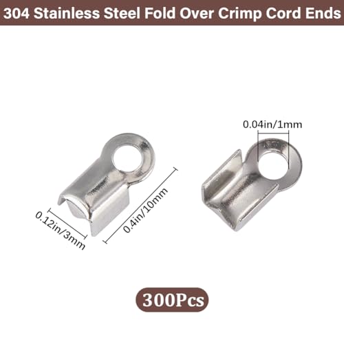 SOFPLATE 1 Box 300Pcs 3mm Fold Over Cord Ends Crimp End Tips Stainless Steel Fold-over End Caps Terminators Crimps Cord Ends jewellery Connector Findings for jewellery Making Supplies DIY Crafts - Image 2