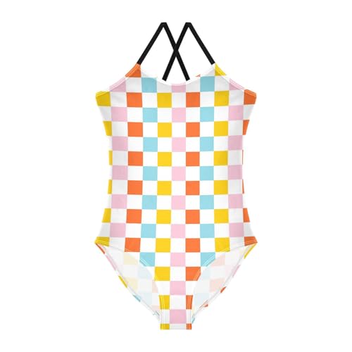 Image of Black and White Chess Girls One Piece Swimsuits Board Marble Tile Sport Halter Swimwear Beach Bathing Suit 3T