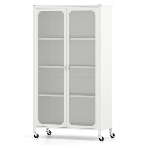 COSTWAY Mobile Storage Cabinet, Kitchen Pantry Cupboard with Translucent Doors, 7-Position Adjustable Shelves & Casters, Metal Frame Sideboard Organizer for Home Office Dining Room (80 x 37 x 147cm)