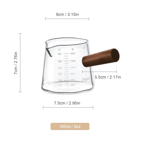Image of Joeyan 6 oz Glass Measuring Cup with Double Spouts,Borosilicate Espresso Shot Glasses with Wooden Handle,Claer Measuring Triple Milk Frothing Pitcher for Coffee Tea