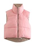 FindThy Women's Quilted Padded Vest Drawstring Full-Zip Cropped Puffer Vest Waistcoat(0243-Pink-S-LB