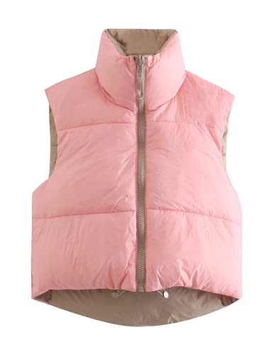 Findthy Women's Quilted Padded Vest Drawstring Full-Zip Cropped Puffer Vest Waistcoat(0243-Pink-S-Lb) #TOP29