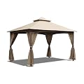 TRUNBACK 10x13FT Outdoor Gazebo for Patio, Spacious Hardtop-Gazebo with Mosquito Netting & Waterproof Curtains, Durable Metal Frame for Garden Lawns (Brown)