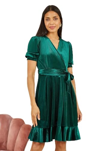 Mela London Mela Green Velvet Wrap Skater Dress with Bow Belt Green 10