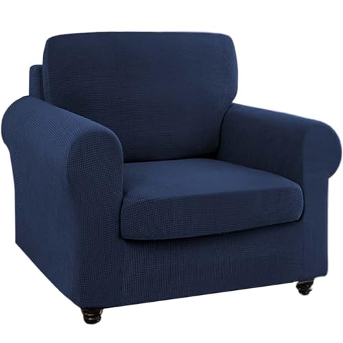 RANNPHAN 3 Piece Stretch Armchair Cover Chair Slipcovers, Washable Sofa Cover for 1 Backrest and Seat Non Slip Sofa Slipcover Furniture Protector with Elastic Bottom-Navy Blue-Small