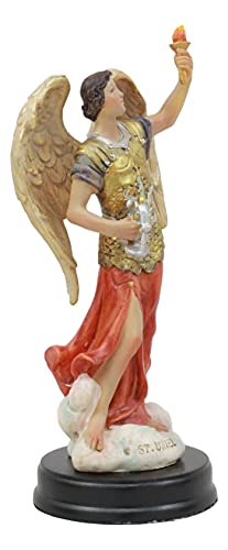 Estatua Arcángel Uriel con Antorcha en Base de Madera 5.75 in miniatura 3