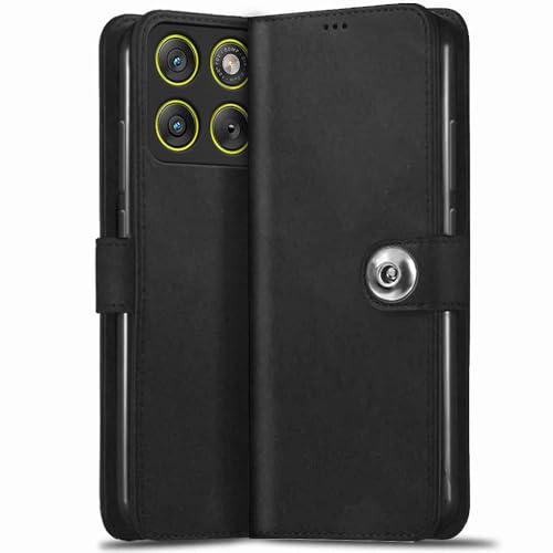 Image of TheGiftKart Flip Cover Back Case for Motorola Moto Edge 70 5G | Genuine Leather Finish | Designer Button | Inbuilt Pockets & Stand | Wallet Style Flip Case Cover for Moto Edge 70 (Faux Leather, Black)