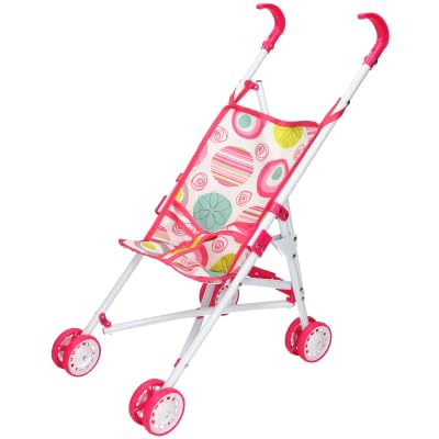 A2Z 4 Kids Dolls Buggy Folding Pushchair for Dolls Lightweight Toy Pram with Metal Frame & Double Wheels Pretend Play Stroller for Girls Indoor Outdoor Role Play Gift Sweet Pink Circles