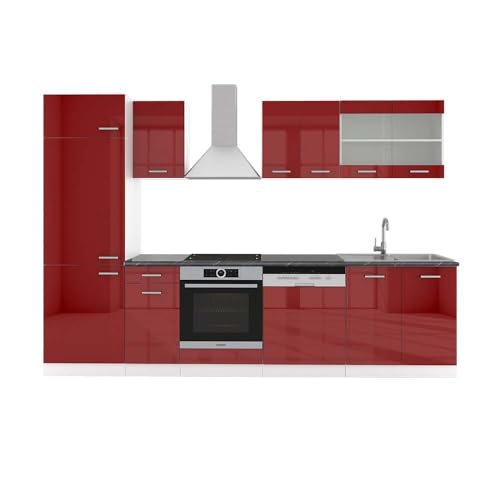 Vicco Küchenzeile R-Line, Rot Hochglanz/Weiß, 300 cm, AP Anthrazit, zur individuellen Anordnung und Erweiterung der Module geeignet