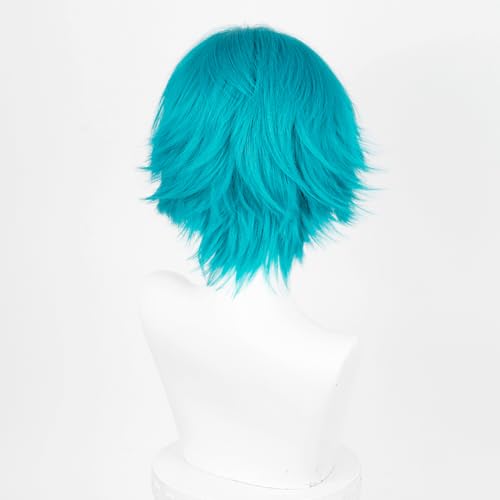 Image of LABEAUTE Short Cyan Anime Cosplay Wig Male Men Anime Layered Unisex Heat Resistant Hair Wig with Bangs for Party and Halloween for Gift + Free Cap