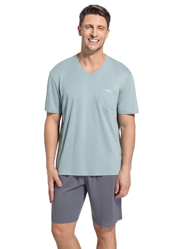 SlumberMee Mens Pajama Set Soft Cooling Viscose Summer Pjs Short Sleeve Sleepwear 2 Piece Set V Neck Loungewear with Pockets4