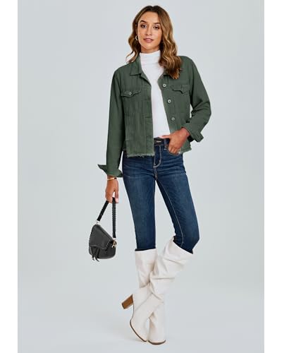 Image of luvamia Denim Jacket for Women Distressed Jean Jackets Button Up Vintage Western Trucker Jacket Frayed Hem Pockets