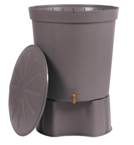 Serbatoio d'acqua grigio granito polipropilene 300 litri per acqua piovana. Include copertura, base e rubinetto. Diametro 82 cm, altezza 86 cm.
