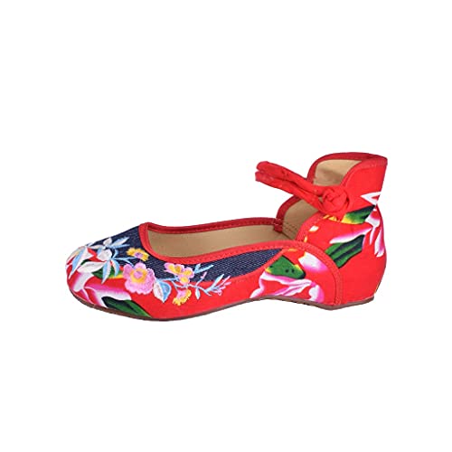 Chinese Women Flats Shoes Casual Chinese Embroidered Cloth Denim Canvas Drive Shoes Woman (Color : Red, Size : 10 Code) (Red 12 Code)