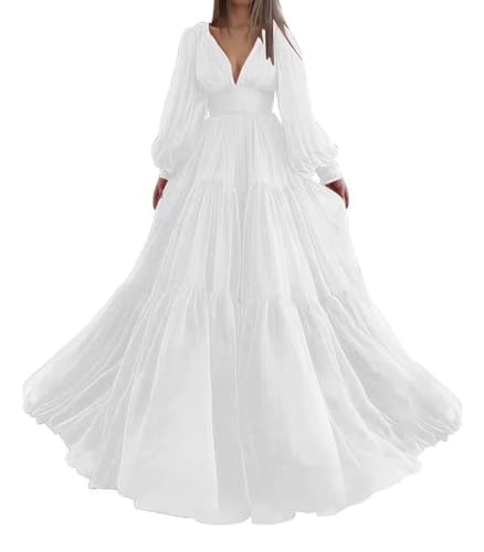 V Neck Puffy Sleeve Prom Dresses Tulle Long Princess Dress for Women A Line Formal Evening Party Gowns White