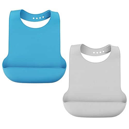 LWMLWM Baberos de Silicona Lavables para Adultos Mayores, Baberos de Comedor Reutilizables para Adultos para Hombres y Mujeres, Impermeables para Discapacitados (2, Azul & Gris)