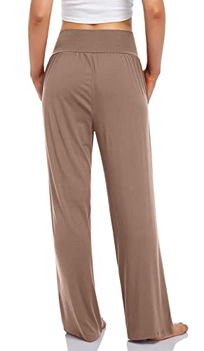 Daceslon Women's Wide Leg Comfy Pants Casual Loose Yoga High Waisted Cozy Lounge Pajama Pants Palazzo With Pockets(Light Coffee,L) #TOP2