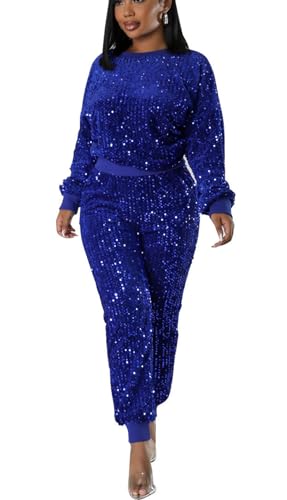 Bluewolfsea Women Glitter Sequin 2 Piece Outfits Tracksuit Sets Long Sleeve Sequin Tops and Pants Set Sweatsuits