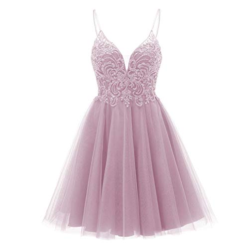 Women's Spaghetti V-Neck Homecoming Dresses Glitter Tulle Beaded A-line Short Prom Dress Dusty Pink Size 4