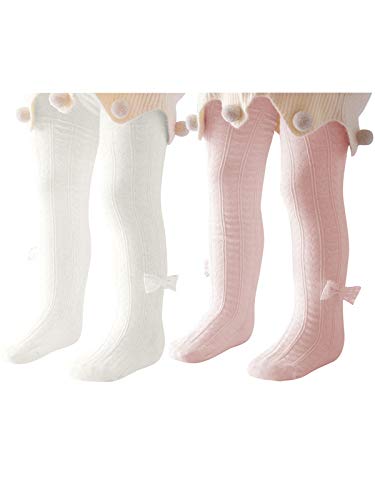 Baby Girls Tights Toddler Cable Knit Leggings Infant Soft Seamless Tights Newborn Pants Stockings with Lovely Bowknot 2 Packs White & Pink 1-2 Years