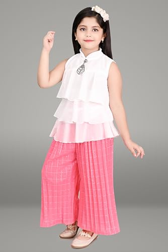 Image of Chiffon Self Design Printed Dress & Capri Set For Girls