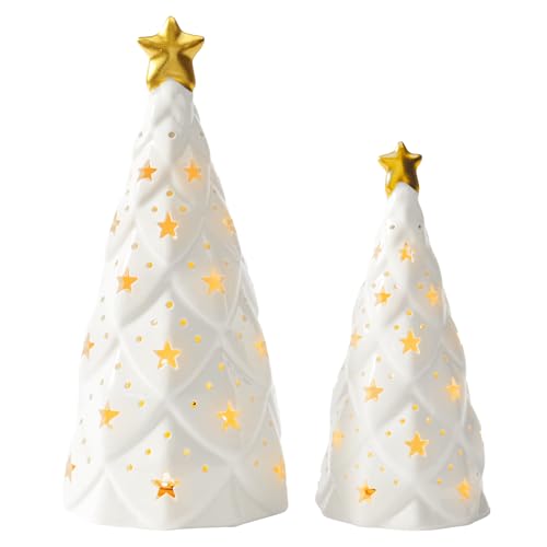 DN DECONATION Keramik Weihnachtsbaum mit Licht Weißer und Gold, 2...