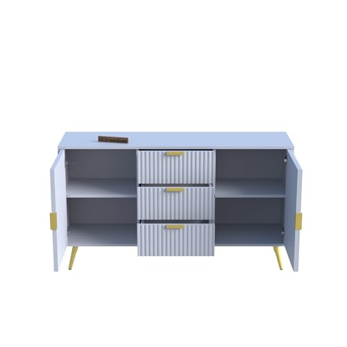 Image of Wooden Sideboard Cabinet for Living Room | Side Board with 3 Drawers & 2 Doors Cabinet Storage for Dining, Drawing and Home Office | HDMR Premium Wood & Iron(Grey & Golden)