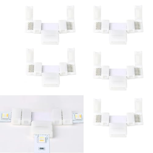 ENQIMAOYI 5 stuks 6 pins T-vorm soldeervrije stekker LED-strip licht, RGBWW 12 mm splitter rechthoekige hoek stekker voor SMD 5050 RGBCCT LED-strips