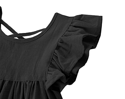 GSVIBK Girls Linen Cotton Dress Flutter Sleeve Back Cross Dress Toddler A-Line Skater Dress Baby Girl Halter Casual Sundress3