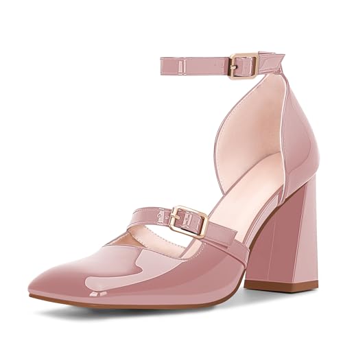 Women's Square Toe Chunky High Heel Mary Jane Pumps Ankle Strap Dress Shoes