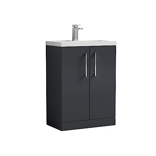 nuie PAL029 Arno Floor Standing 2 Door Vanity Unit & Polymarble Basin, 600mm, Soft Black