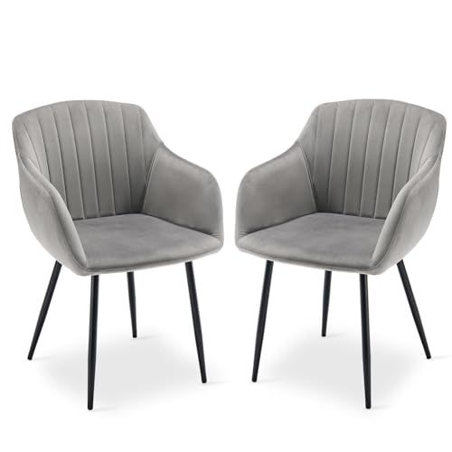 Goeurvant Modern Velvet Dining Chairs Kitchen Chairs Set of 2 Light Grey Upholstered Chair with Armrests and Metal Legs