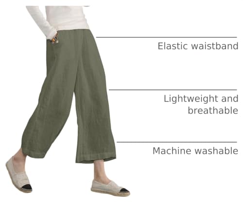 Image of ECUPPER Womens Cotton Cropped Pants Loose Fit Wide Leg Trousers | Casual, Plus Size, Elastic Waist, Capri, 100% Cotton, Slant Pockets, High Rise Waist, Lounge Pants