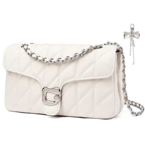 Travistar Kleine Umhängetasche Damen Handtasche Beige - Gesteppte Vegan Leder Crossbody Bag Elegante Schultertasche & Abendtasche mit Kette und süßem Anhänger Designer Clutch für Party Hochzeit Alltag