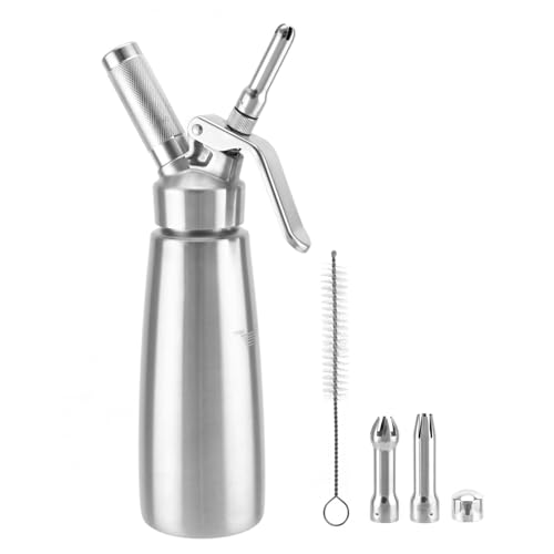 QWORK 304 Stainless Steel Whipped Cream Dispenser - 500ml / 1 PintLeak-Free Canister with 3 Culinary Decorating Nozzles & Brush,