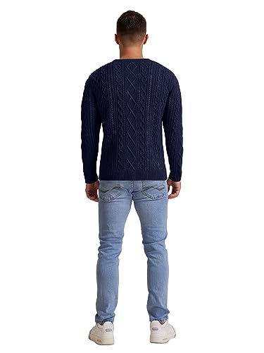 Hisir Men's Winter Cable Knit Jumpers Casual Crew Neck Thick Warm Long Sleeve Sweater Pullover Tops for Men UK (Navy Blue, M)