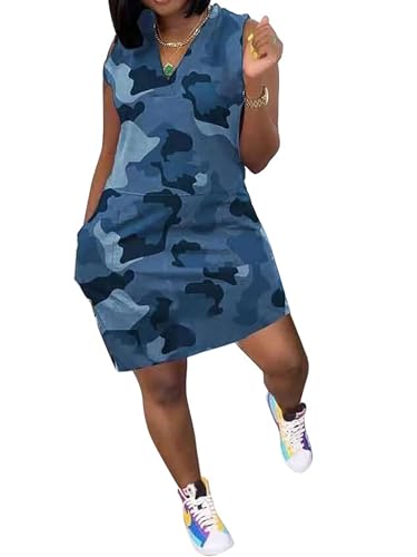 Baczoe Plus Size Camouflage Mini Dress for Women Sleeveless Camo Pattern Attire Outfits (Blue, L)
