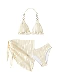 RoseSeek Girl's 3 Piece Swimsuit Textured Halter Triangle Cute Bikini Bathing Suit with Cover Up Beach Skirt Beige 14Y