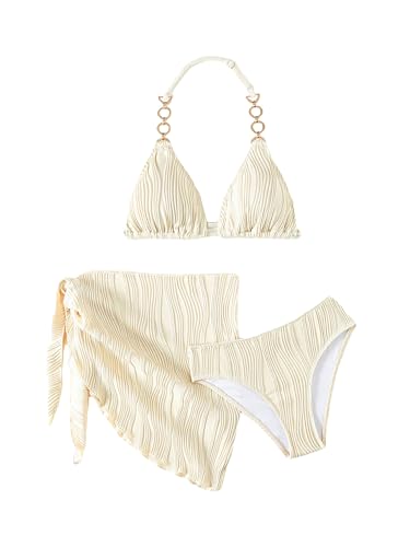 Girl's 3 Piece Swimsuit Textured Halter Triangle Cute Bikini Bathing Suit with Cover Up Beach Skirt