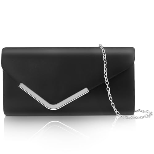Larcenciel Bolso Mujer Negro, Elegante Bolso de Mano de Cuero con Cadena Desmontable, Vintage Clutch de Noche Sobre, Moda Crossbody Bandolera, Carteras de Mano para Boda, Fiesta, Ceremonia, 22x11x5CM